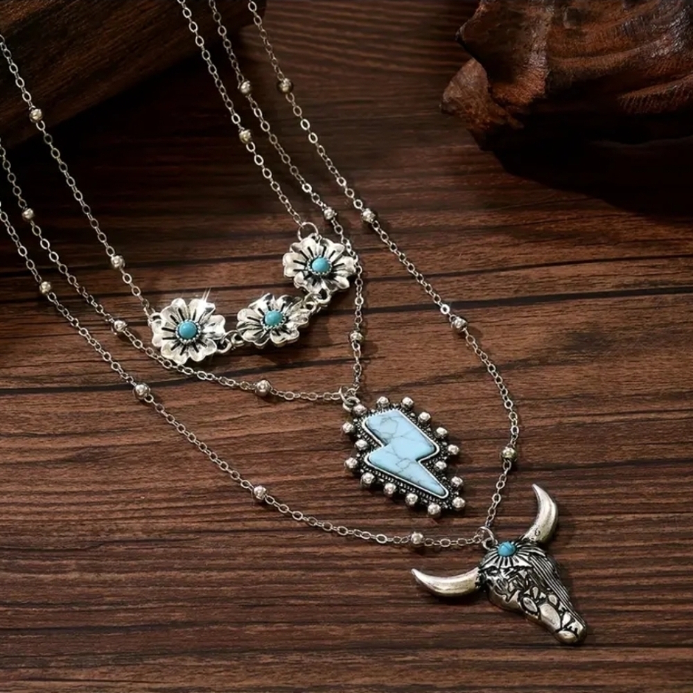 Western Silver and Turquoise Layered Necklace Set Cowgirl Necklace - Picture 2 of 4